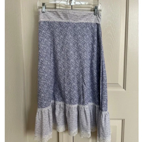 Vintage 70s JCPenney Fashions Lilac Floral Midi Skirt Lace‎ Trim Button Front S - Picture 2 of 6